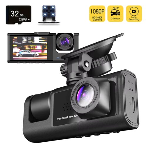 1080P 3 Channel Dashcam with IR Night Vision Front & Rear DVR + 32GB Card