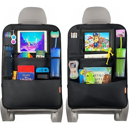 Car Seat Organiser with Tablet Holder – Back Seat Storage & Kick Mat (2 Pack)
